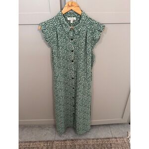 Monteau Los Angeles vintage  Green Floral Button Down Midi Dress Flutter Sleeve